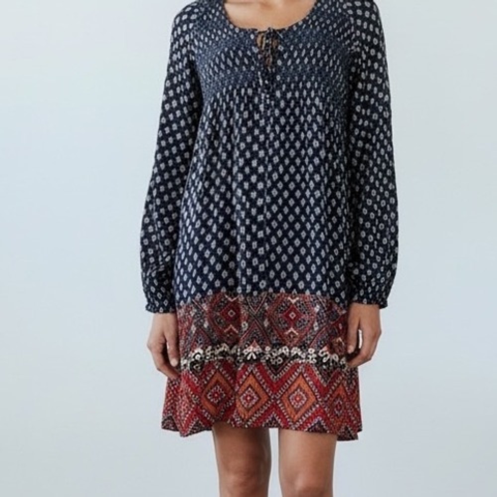 Altar'd State Women's Dress Small Navy Bohemian Printed Long Sleeve Mini NEW‎